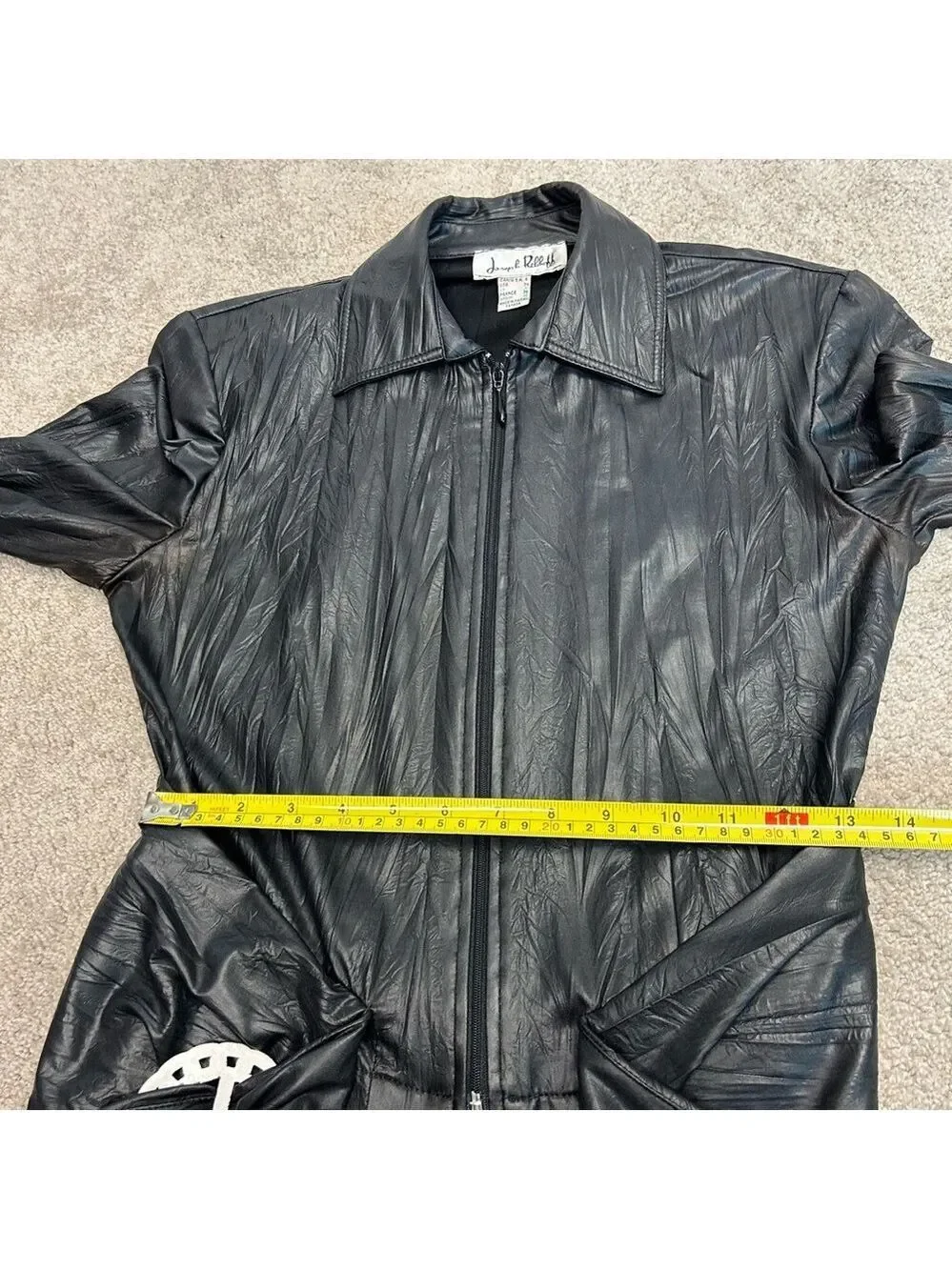 Joseph Ribkoff black faux leather full zip front buckle jacket wrinkled style 6